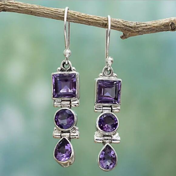 Three Stone Faceted Amethyst 925 Sterling SIlver Dangle Earrings - Picture 4 of 15